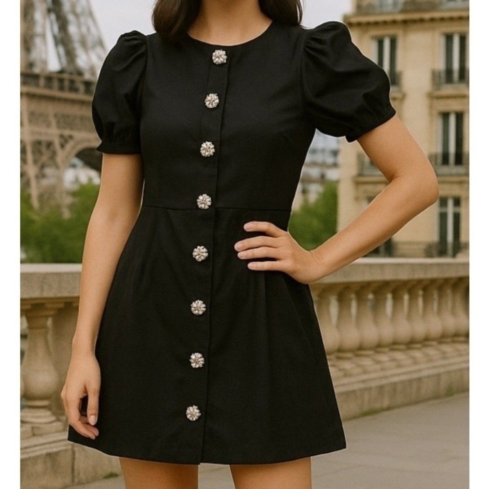 Danielle Bernstein Dress Womens 6 Black Puff Sleeve Rhinestone Buttons NWT